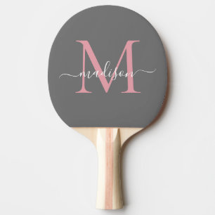 Girly Gray Blush Pink Monogram Feminine Script Ping Pong Paddle