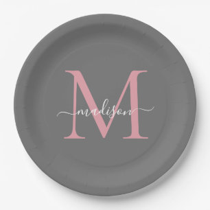 Girly Gray Blush Pink Monogram Trendy Script Name Paper Plates