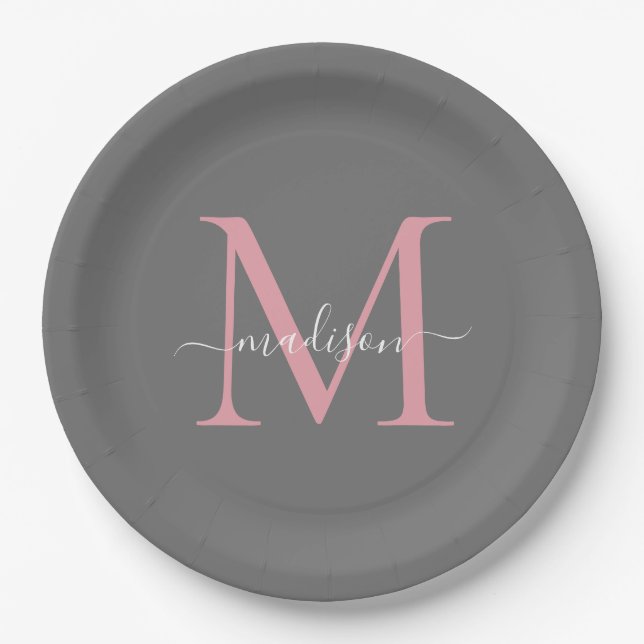Girly Gray Blush Pink Monogram Trendy Script Name Paper Plates (Front)