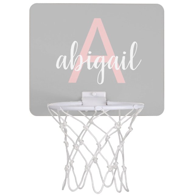 Girly Gray Cute Blush Pink Modern Monogram Name Mini Basketball Hoop (Front)