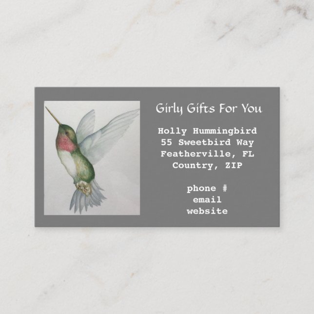Girly Gray Elegant Hummingbird Watercolor Business Card (Front)