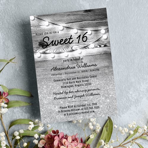 Girly Gray Glitter Hanging Lights Wood Sweet 16 Invitation Postcard