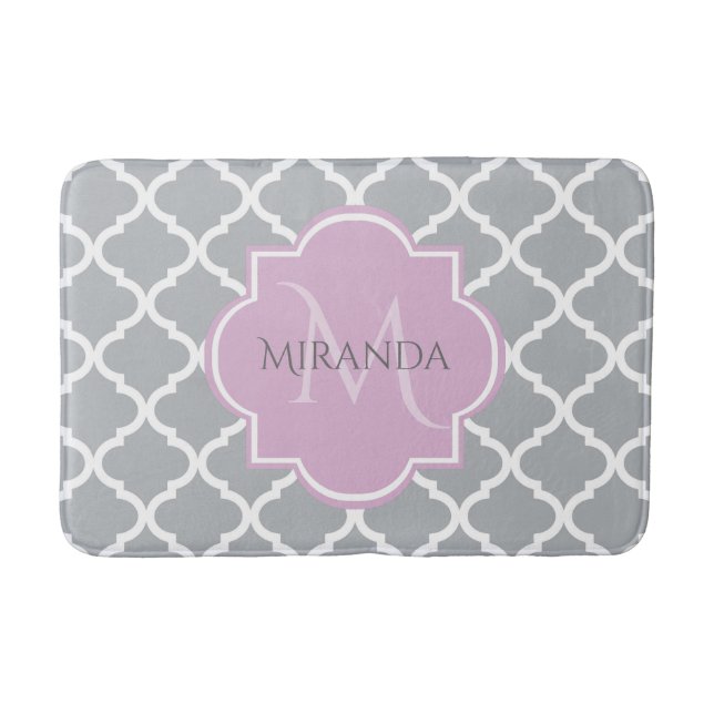 Girly Gray Quatrefoil Lavender Monogram and Name Bathroom Mat (Front)