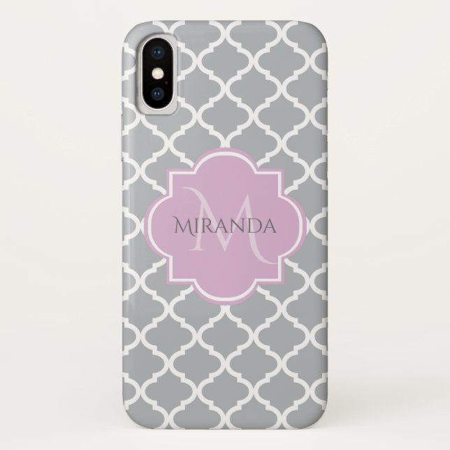 Girly Gray Quatrefoil Lavender Monogram and Name Case-Mate iPhone Case (Back)