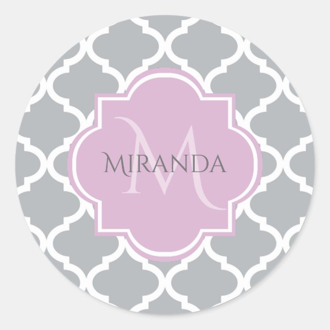Girly Gray Quatrefoil Lavender Monogram and Name Classic Round Sticker (Front)