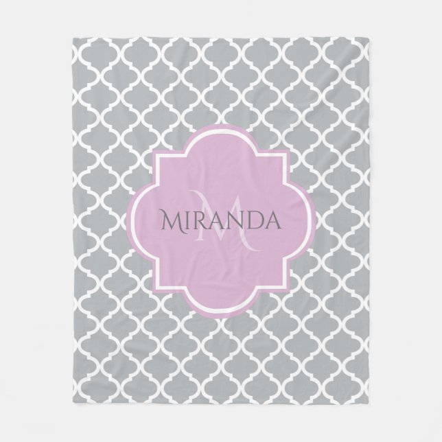Girly Gray Quatrefoil Lavender Monogram and Name Fleece Blanket (Front)
