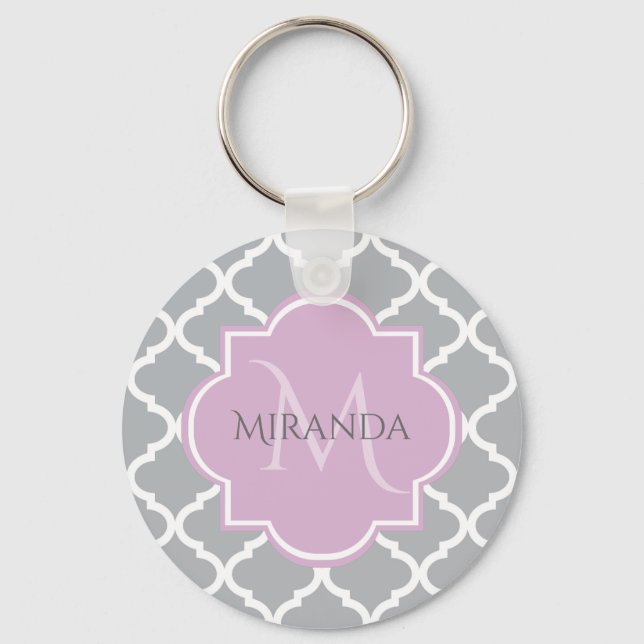Girly Gray Quatrefoil Lavender Monogram and Name Keychain (Front)