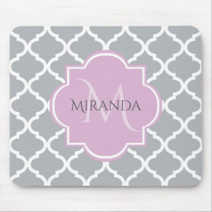 Girly Gray Quatrefoil Lavender Monogram and Name Mouse Pad