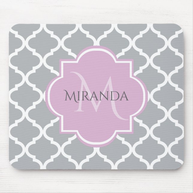 Girly Gray Quatrefoil Lavender Monogram and Name Mouse Pad (Front)