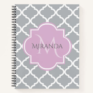 Girly Gray Quatrefoil Lavender Monogram and Name Notebook