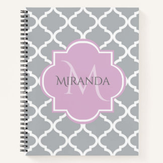 Girly Gray Quatrefoil Lavender Monogram and Name Notebook