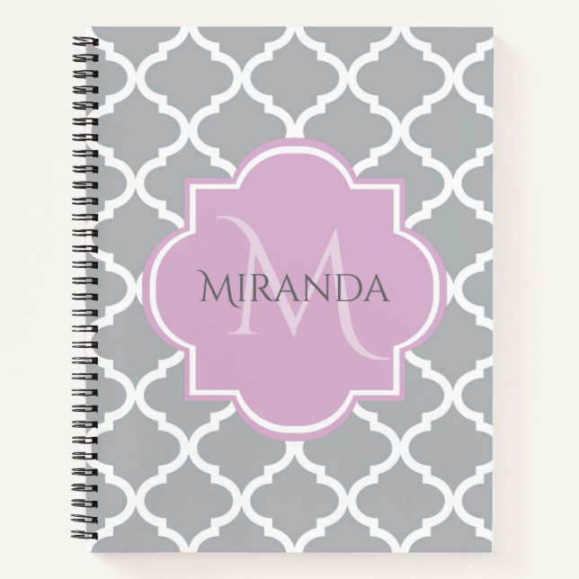 Girly Gray Quatrefoil Lavender Monogram and Name Notebook (Front)