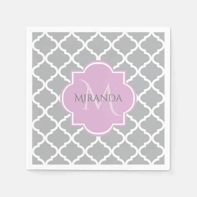 Girly Gray Quatrefoil Lavender Monogram and Name Paper Napkins (Front)