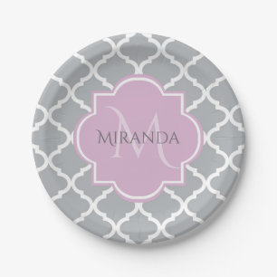 Girly Gray Quatrefoil Lavender Monogram and Name Paper Plates
