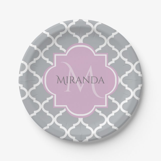 Girly Gray Quatrefoil Lavender Monogram and Name Paper Plates (Front)