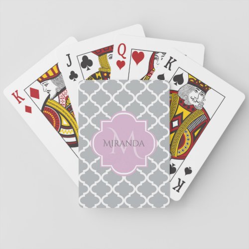 Girly Gray Quatrefoil Lavender Monogram and Name Poker Cards