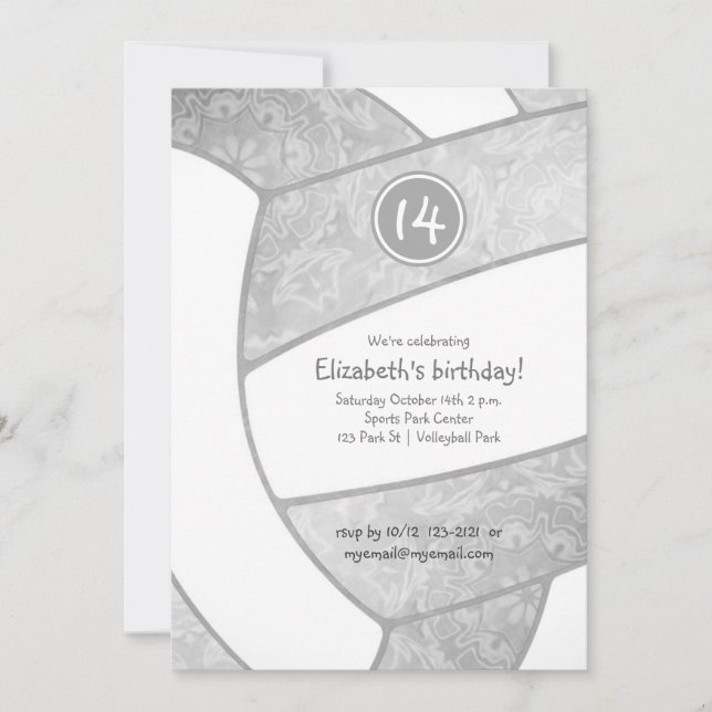 girly gray silver white volleyball birthday invitation (Front)
