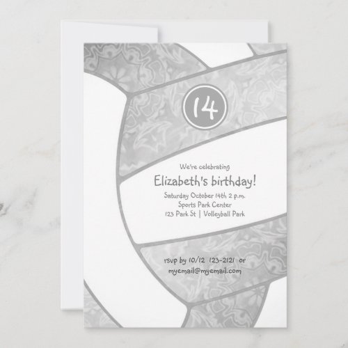 girly gray silver white volleyball birthday invitation