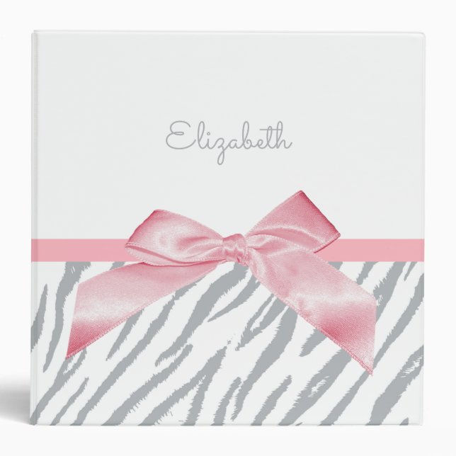 Girly Gray Tiger Stripes Animal Print With Name 3 Ring Binder (Front)