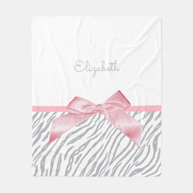 Girly Gray Tiger Stripes Animal Print With Name Fleece Blanket (Front)