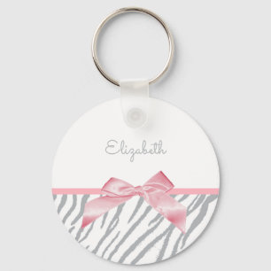 Girly Gray Tiger Stripes Animal Print With Name Keychain