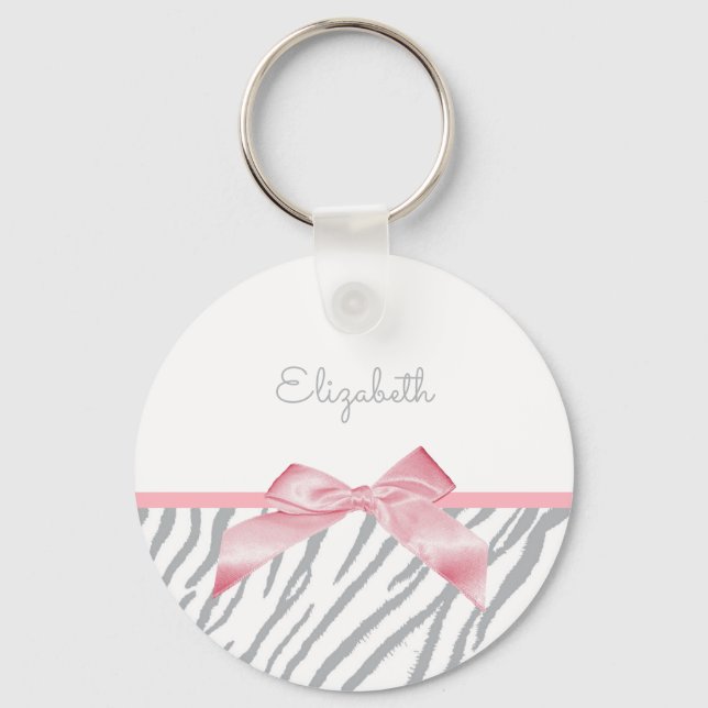Girly Gray Tiger Stripes Animal Print With Name Keychain (Front)