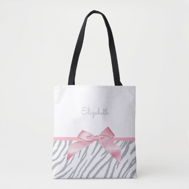 Girly Gray Tiger Stripes Animal Print With Name Tote Bag (Front)