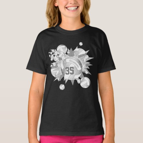 girly gray white volleyballs and stars on black T_Shirt