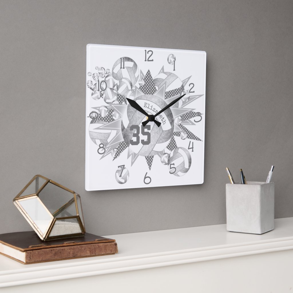 girly gray white volleyballs and stars square wall clock