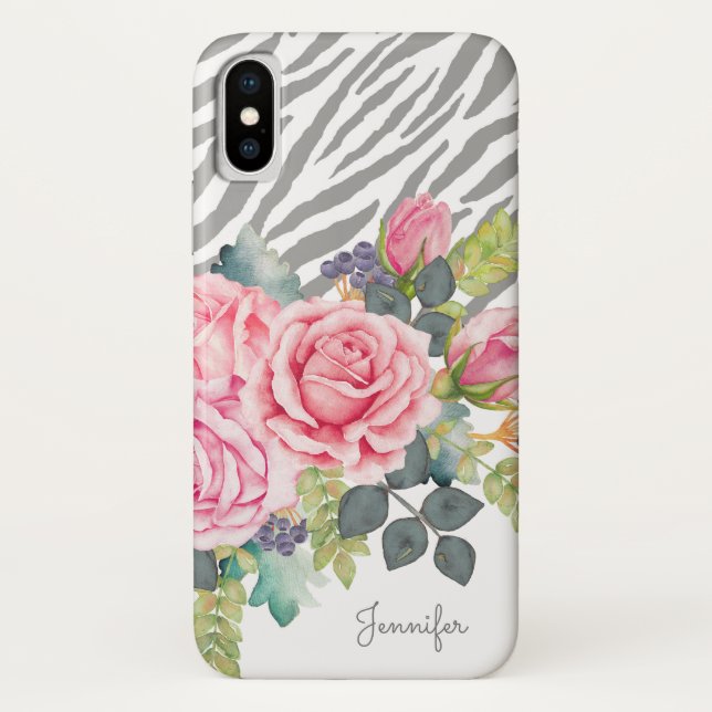 Girly Gray Zebra Print Chic Pink Roses With Name Case-Mate iPhone Case (Back)
