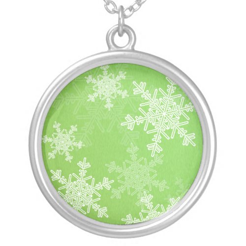 Girly green and white Christmas snowflakes Silver Plated Necklace