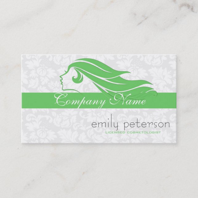 Girly Green And White Damasks Beauty/Cosmetology Business Card (Front)