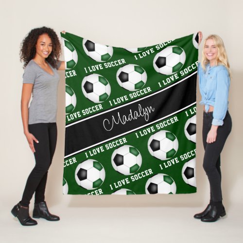 girly green black I love soccer text pattern Fleece Blanket