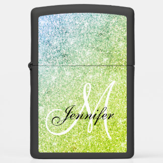 Girly Green Blue Glitter Elegant Monogram Name Zippo Lighter