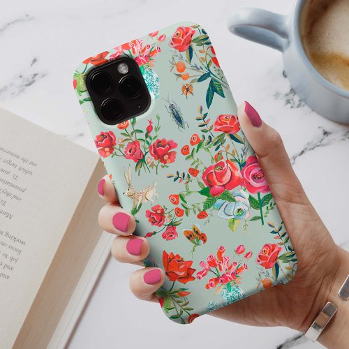 Girly green floral flowers  roses insects pattern iPhone 13 case