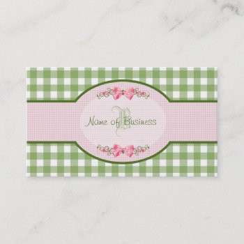 Girly Green Gingham Monogram Country Pink Ribbon Business Card by PhotographyTKDesigns at Zazzle