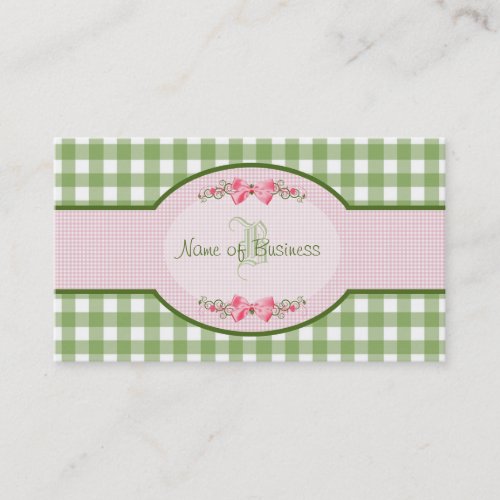 Girly Green Gingham Monogram Country Pink Ribbon Business Card