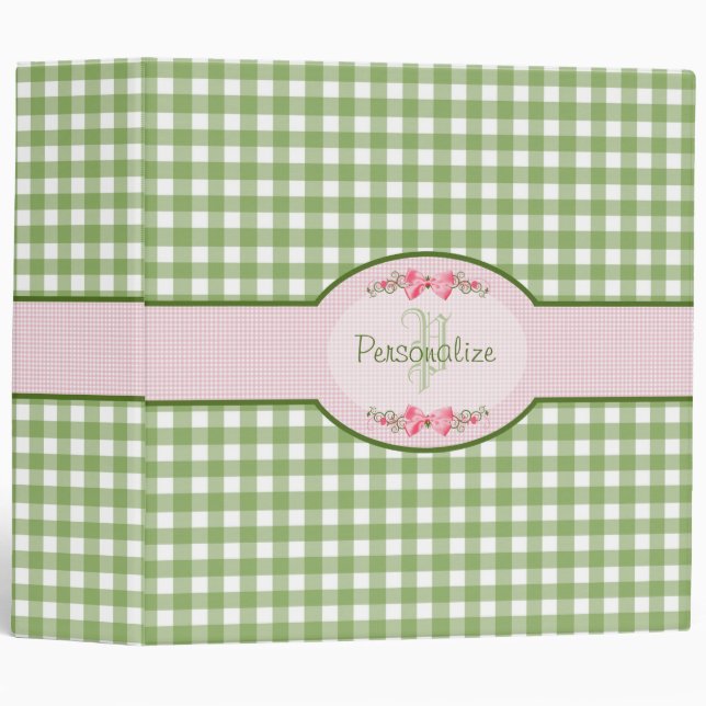 Girly Green Gingham Monogram With Name 3 Ring Binder (Front/Spine)
