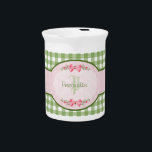 Girly Green Gingham Monogram With Name Beverage Pitcher<br><div class="desc">A cute country style green gingham monogram pitcher with a pink gingham label and a girly filigree pink ribbon. Personalize by adding your name and initials. Will appeal to the stylish and feminine girl.</div>