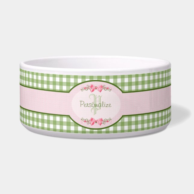 Girly Green Gingham Monogram With Name Bowl (Front)