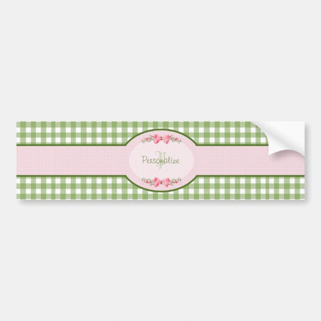 Girly Green Gingham Monogram With Name Bumper Sticker (Front)