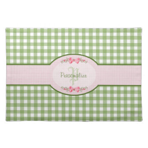 Girly Green Gingham Monogram With Name Cloth Placemat
