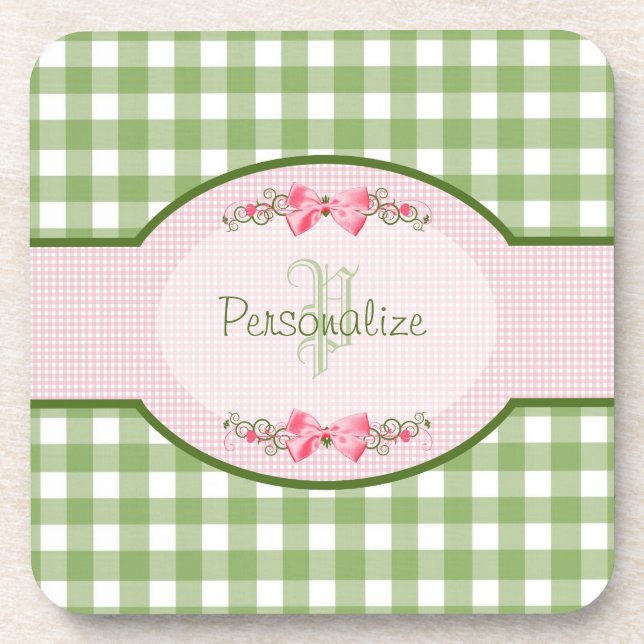 Girly Green Gingham Monogram With Name Drink Coaster (Front)