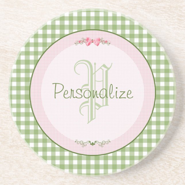 Girly Green Gingham Monogram With Name Drink Coaster (Front)