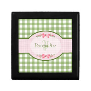 Girly Green Gingham Monogram With Name Keepsake Box