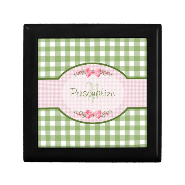 Girly Green Gingham Monogram With Name Keepsake Box (Front)