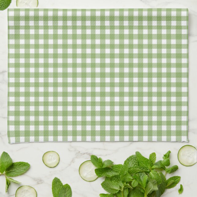 Girly Green Gingham Monogram With Name Kitchen Towel (Folded)