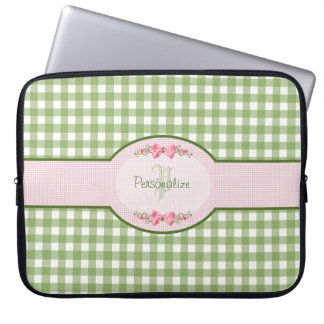 Girly Green Gingham Monogram With Name Laptop Sleeve