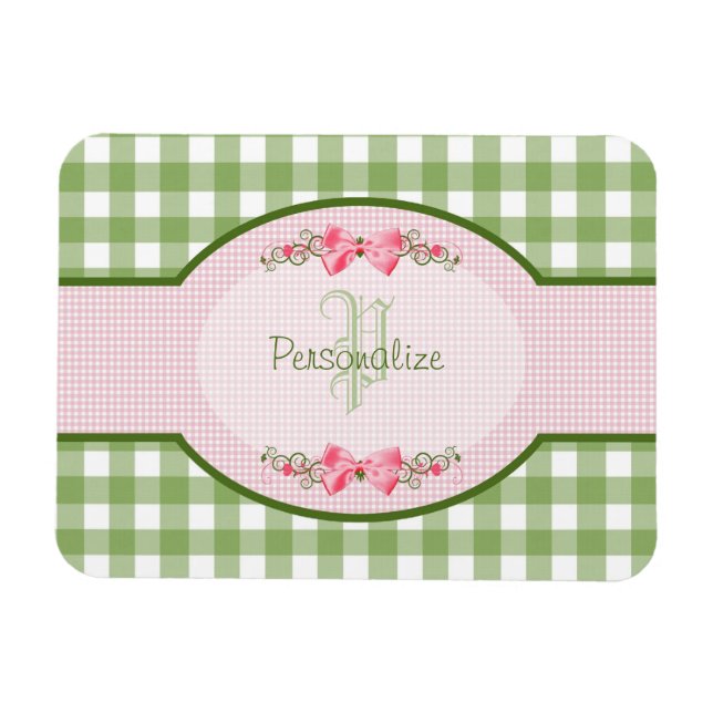 Girly Green Gingham Monogram With Name Magnet (Horizontal)
