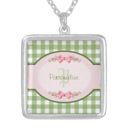 Girly Green Gingham Monogram With Name Silver Plated Necklace